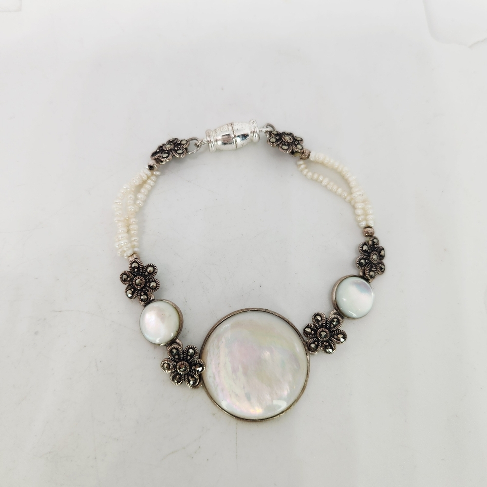 Vtg 925 Sterling Silver Bracelet Mother of Pearl Marcasite Flower Link Bracelet